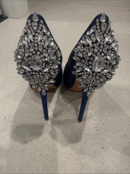 Badgley Mischka Shoes - Badgley Mischka Royal Blue Satin Peep-Toe Heels with Crystal Back Detail